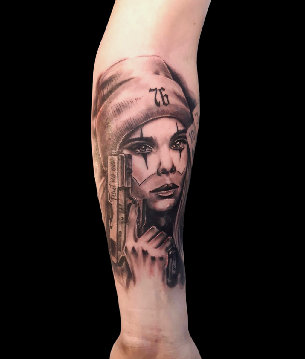 black and grey portrait woman gun tattoo leipzig bloody ink