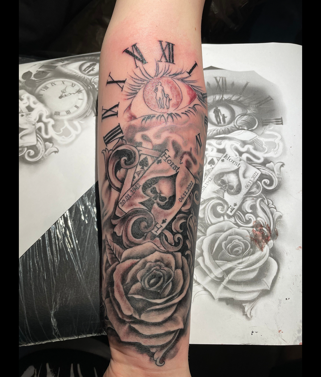 clock eye rose black grey tattoo arm bloody ink pegau